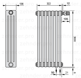 Схема (чертеж) Радиатор Zehnder Charleston 4300/7 №V002 Белый глянцевый RAL 9016